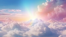 Delicate Pastel-colored Rainbow Clouds Gracefully Adorn Expanse Of Serene Blue Sky, Casting Breathtaking And Ethereal Display Of Natural Beauty. Tranquil And Mesmerizing Scene. Beautiful Background.