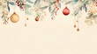  a watercolor christmas background with baubles hanging from a branch of a tree with berries, mist, mist, and mistlet on a light beige background with space for text.