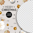 Banner plantilla para ofertas de navidad, con esferas y copos de nieve, foto en medio circulo