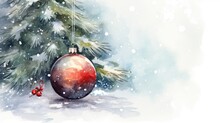  A Watercolor Painting Of A Christmas Ornament Hanging From A Pine Tree In The Snow With A Red Ornament Hanging From The Top Of The Ornament.