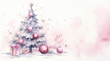  A Watercolor Painting Of A White Christmas Tree With Pink Ornaments And A Star On The Top Of The Tree, With A Pink Background Of Pink And White Watercolor.