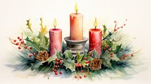 A Watercolor Painting Of Three Candles Surrounded By Holly And Pine Cones With Red Berries And Pine Cones On The Top Of The Candles, On A White Background With Red Berries.