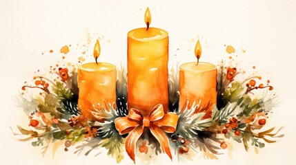 Wall Mural -  a watercolor painting of three lit candles surrounded by greenery and red berries with a bow on the top of the candle is surrounded by red berries and orange flowers.