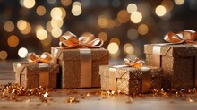  A Group Of Presents Sitting On Top Of A Wooden Table Next To A Pile Of Gold Confetti And A Christmas Tree With Lights In The Background Of Lights.