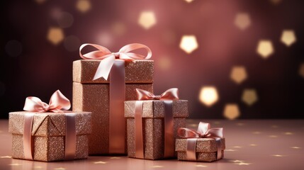  a group of wrapped presents sitting on top of a table next to a red and gold christmas or new year's gift box with a pink ribbon on top.