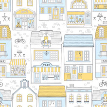Seamless Pattern With European Houses. Dutch Buildings With Shops, Bookstore, Coffee Shop. Colorful Vector Illustration In A Hand-drawn Childish Style. Traditional Architecture Of The Netherlands