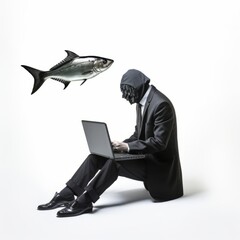 Wall Mural - a man in a black suit and a black mask sitting on a laptop
