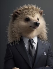 Wall Mural - Porcupine is dressed elegantly in a suit with a lovely tie. An anthropomorphic animal poses for a fashion photograph with a charming human attitude. Funny animal pictures with Suit jacket and tie