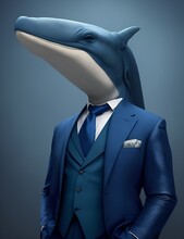 Blue Whale Is Dressed Elegantly In A Suit With A Lovely Tie. An Anthropomorphic Animal Poses For A Fashion Photograph With A Charming Human Attitude. Funny Animal Pictures With Suit Jacket And Tie