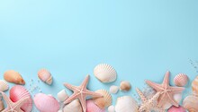Colorful Shells And Starfish On A Blue Background Generative AI