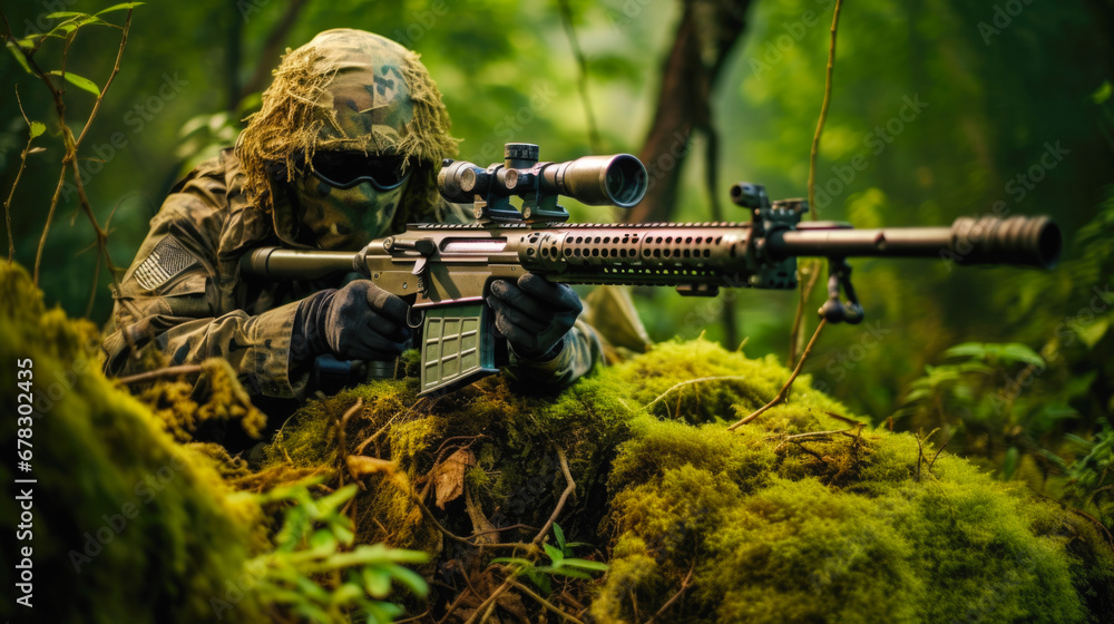 Foto de Stock Well hidden sniper lying down on a hill in the jungle ...