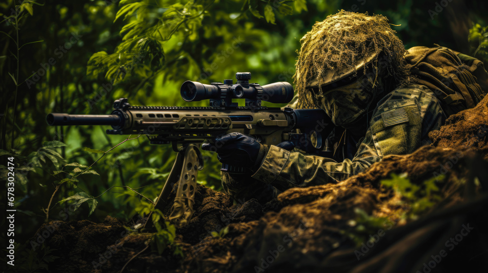 Foto de Stock Well hidden sniper lying down on a hill in the jungle ...