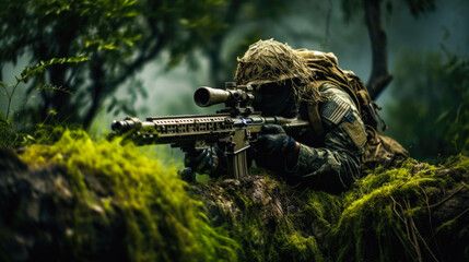 Well hidden sniper lying down on a hill in the jungle, wearing a camouflage ghillie suit that matches the jungle, face paint . Advanced sniper rifle with a scope and bipod