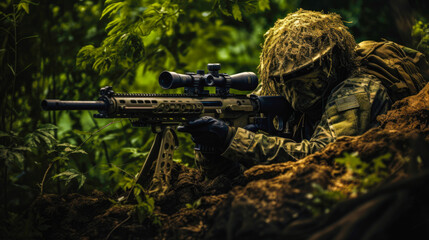 Well hidden sniper lying down on a hill in the jungle, wearing a camouflage ghillie suit that matches the jungle, face paint . Advanced sniper rifle with a scope and bipod