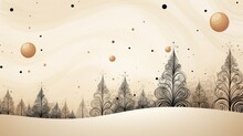  A Painting Of A Landscape With Trees, Planets, And A Swirly Swirly Pattern On The Bottom Of The Image Is A Beige Background With Black And White Swirls.