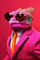 Wall Mural - A picture of a lizard dressed in a fashionable pink suit and wearing sunglasses. This image can be used to depict a trendy and stylish character or to add a touch of humor to any creative project