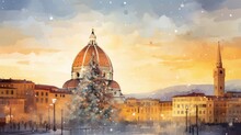  A Digital Painting Of A Christmas Tree In Front Of A Building With A Dome And A Steeple In The Background With Snow Falling On The Ground And Buildings In The Foreground.