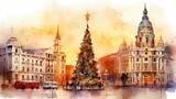 Fototapeta  -  a watercolor painting of a christmas tree in front of a building with a red double decker bus in the foreground and a red double decker bus in the background.