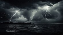  A Black And White Photo Of A Storm Over A Body Of Water With A Boat In The Water And A Lot Of Lightning Coming Out Of Dark Clouds In The Sky.