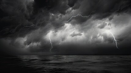 Wall Mural - a black and white photo of a storm in the sky over a body of water with a boat in the foreground and