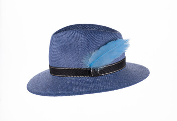 Sticker - blue summer hat with feathers isolated on white background