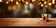 Wooden Plank Tabletop Placement with blur background and cup of tea,  Coffee On Wooden Table background with blur lights, Coffee On Wooden Table, generative AI
