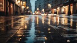 Fototapeta  - Abstract urban background. Lights and shadows of city. Streets after rain with reflections on wet asphalt. Ai Generative