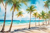 Fototapeta Las - An idyllic beachscape, palm trees swaying gently in the breeze, beachgoers engaged in various activities, a beach volleyball game in progress