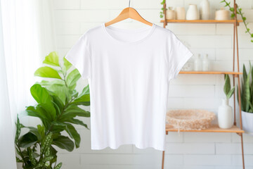 white t-shirt hanging on a wooden hanger