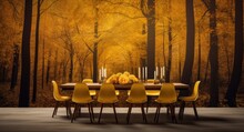  A Dining Table Surrounded By Yellow Chairs In Front Of A Wall Mural Of A Forest With Trees And Yellow Leaves.
