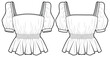 © Fathima Flats - Women Square neck shirred Flounce blouse top design flat sketch fashion illustration drawing with front and back view. puffed sleeve Crop top blouse drawing vector template