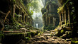 © apratim - Majestic ancient temple ruins overgrown with green moss and surrounded by a lush tropical forest.