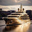 golden megayacht with a mertiger masthead , generated by AI