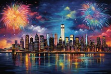 Captivating Graffiti Mural Of Vibrant New York City Skyline, Using Bold Colors To Convey Energy And Financial Hub Excitement