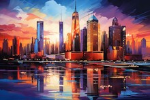 Captivating Graffiti Mural Of Vibrant New York City Skyline, Using Bold Colors To Convey Energy And Financial Hub Excitement