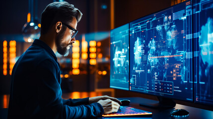 Man sitting in front of computer monitor looking at x - ray image.