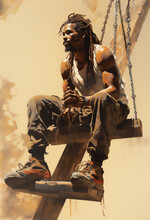 African American With Dread Swinging In A Sepia Background, Young Male In Sports Clothes, Digital Art Painting