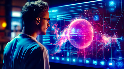 Wall Mural - Man in glasses looking at computer screen with futuristic design on it.