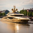 golden megayacht with a mertiger masthead , generated by AI