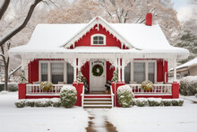 A Red House In A Snow Covered Neighborhood In South Dakota During The Winter.
