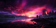 Grandioses Nordlichter Spiel in lila und Pink mit atemberaubender Landschaft im Querformat für Banner, ai generativ