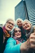 © Ilia - Happiness Knows No Age - Happy Grannies in the City: Group of Grandmas tourists Smiles and Selfies with Skyscrapers on phone.