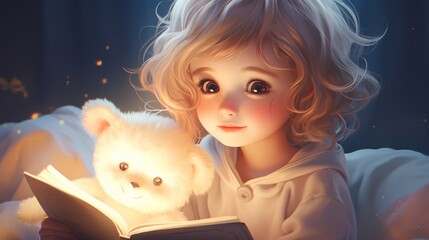 Wall Mural - A little girl reading a book with a teddy bear