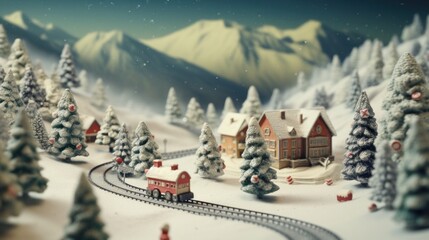 Wall Mural - A toy train traveling through a snow covered forest