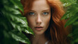 A close-up portrait of a beautiful red-haired woman standing behind green leaves. Advertising concept.
