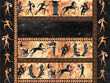 A pattern with ancient Greek athletes. In the style of ancient Greek painting. Hand-painted in watercolor. For packaging, labels, postcards. For posters, flyers and presentations.