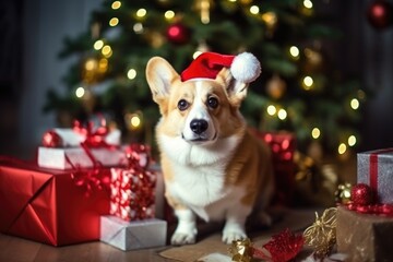 A corgi dog in a Santa Claus hat stands among boxes with gifts near the Christmas tree