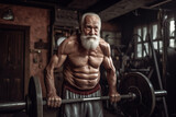 Bodybuilder. Elderly pensioner old man lifts a barbell in gym smiling. 60-70 Year Old Bodybuilder. Funny old grandfather in gym goes in for sports. Pensioner with smile lifts weight in sports club.