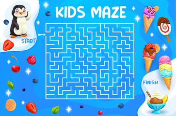 Wall Mural - Labyrinth maze game, help to cartoon penguin character find tasty ice cream, vector puzzle quiz. Kids worksheet to find way for penguin to sweet frozen desserts and icecream in labyrinth maze path