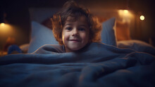 Smiling Little Boy, Kid Lying, Sitting On Bed Under Blanket, Getting Ready To Sleep Or Waiting For Tooth Fairy. Cozy Room, Night And Happy Dreams. Cute Preschool Boy Enjoys Leisure Time Ai Generated